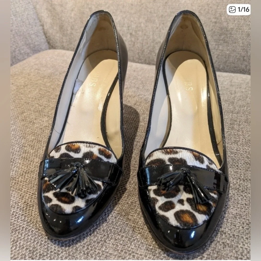 Hobbs London Black Patent Leather | Leopard Print |Tassel | EU 37.5 - Picture 1 of 10